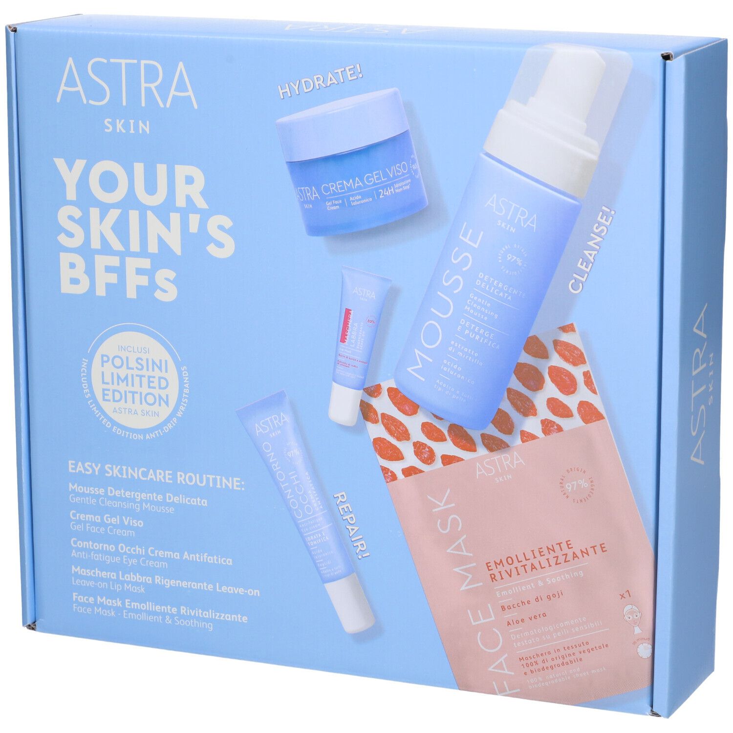Astra Skin Kit Regalo Your Skin's BFFs Easy Skincare Routine Mousse Detergente + Crema Gel Viso + Contorno Occhi + Maschera Labbra + Maschera Viso
