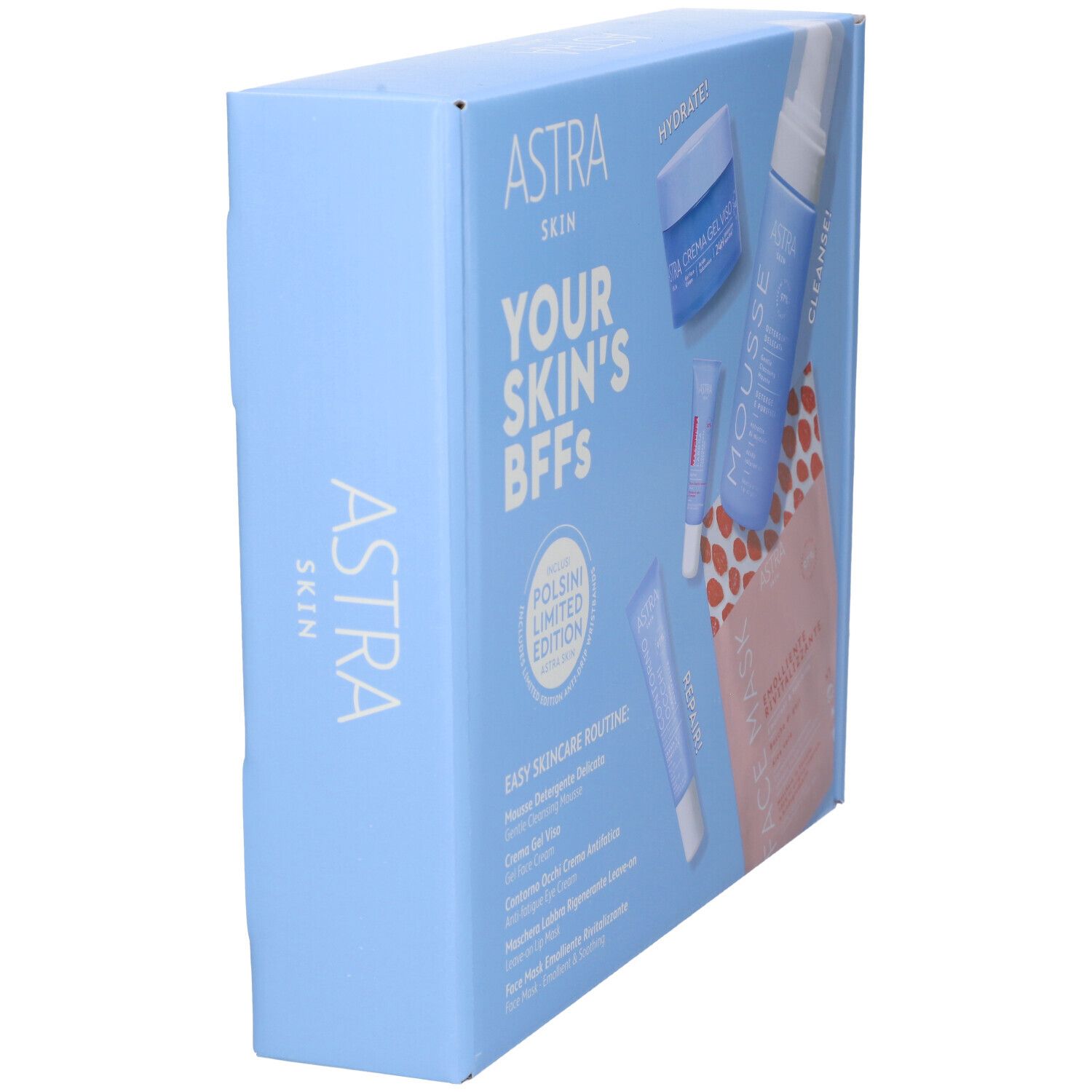 Scatola azzurra con prodotti per la cura della pelle. Sul lato ASTRA SKIN e YOUR SKIN'S BFFS. Vista angolata.