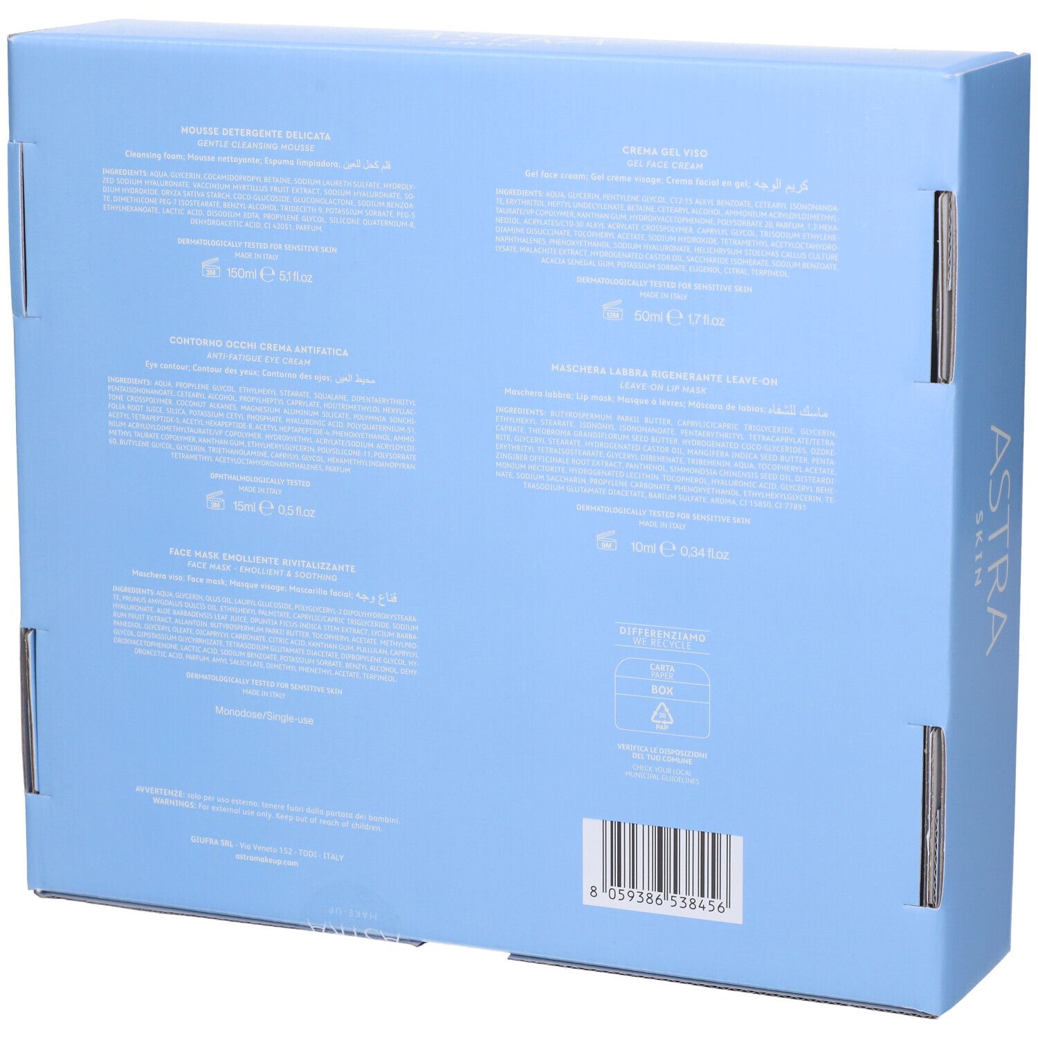 Retro della scatola azzurra. Testo in più lingue. Contiene informazioni sui prodotti: mousse, crema, contorno occhi, maschera labbra e viso.