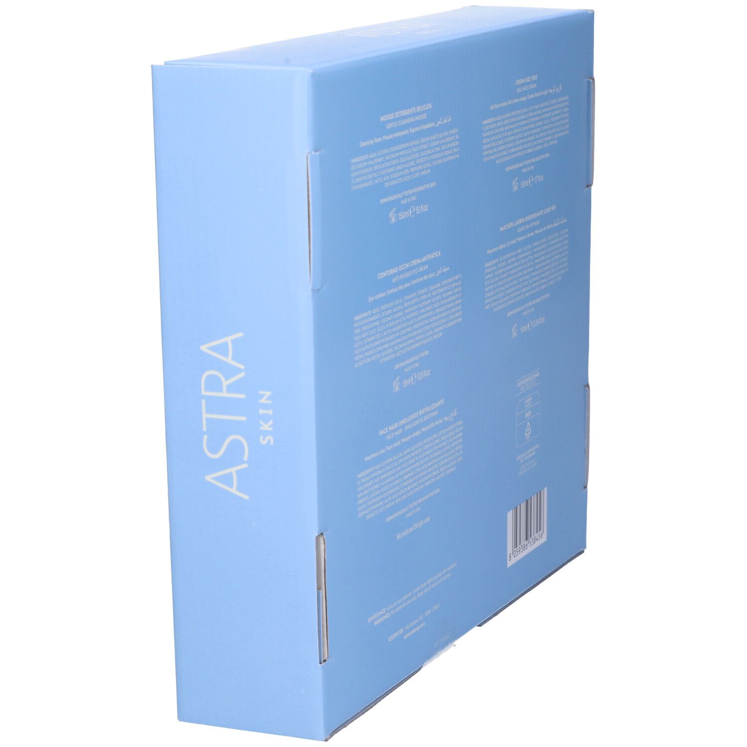 Scatola azzurra con prodotti per la cura della pelle. Vista posteriore. Sul lato ASTRA SKIN.