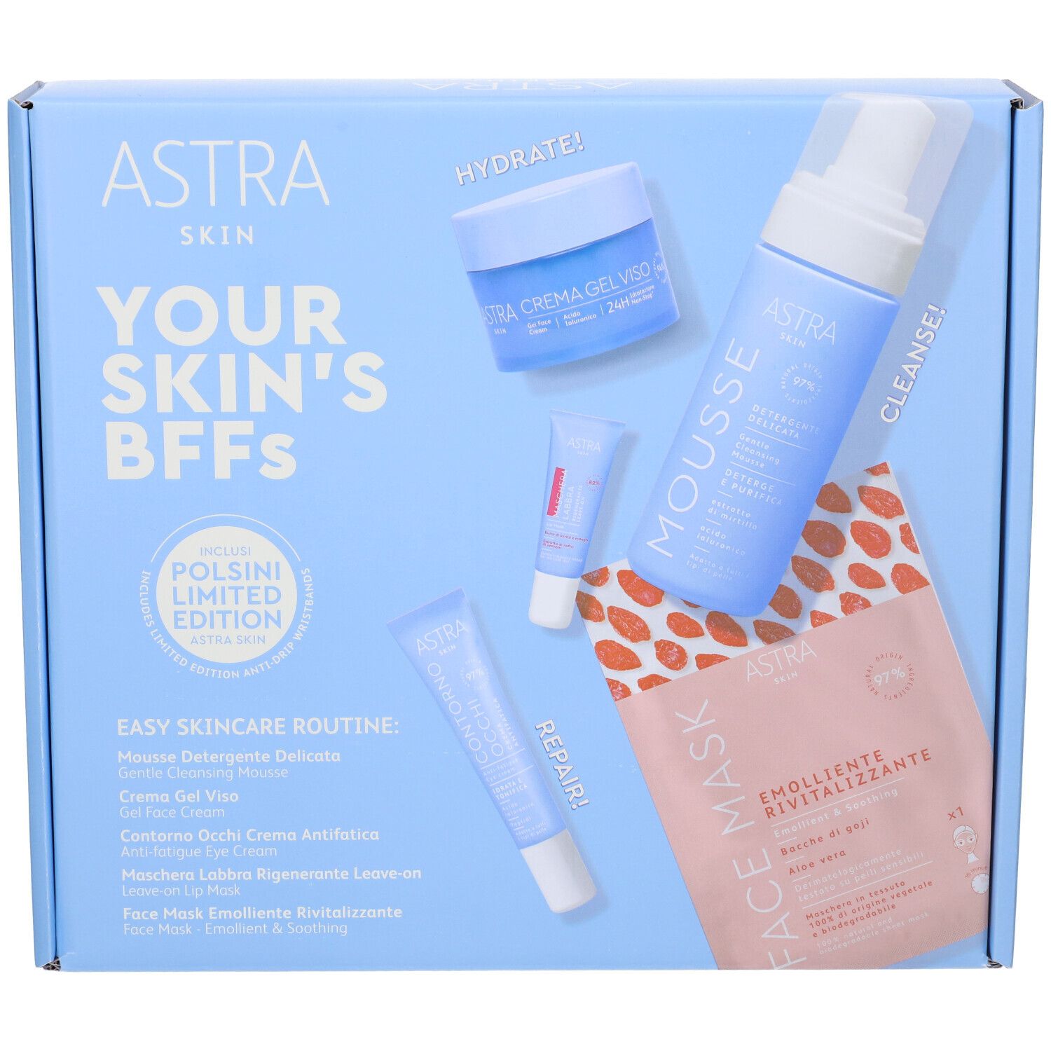 Set per la cura della pelle in scatola azzurra. Contiene mousse, crema, contorno occhi, maschera labbra e viso. Testo: ASTRA SKIN, YOUR SKIN'S BFFS.
