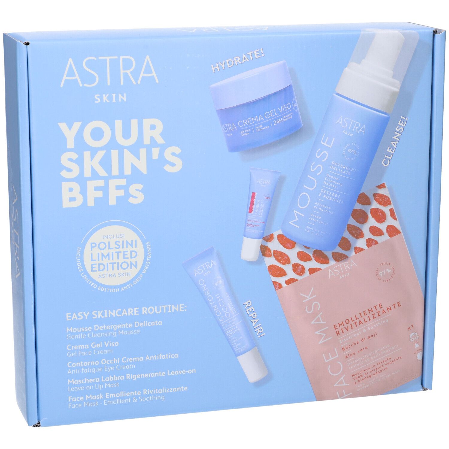 Set per la cura della pelle in scatola azzurra. Contiene mousse, crema, contorno occhi, maschera labbra e viso. Testo: ASTRA SKIN, YOUR SKIN'S BFFS.