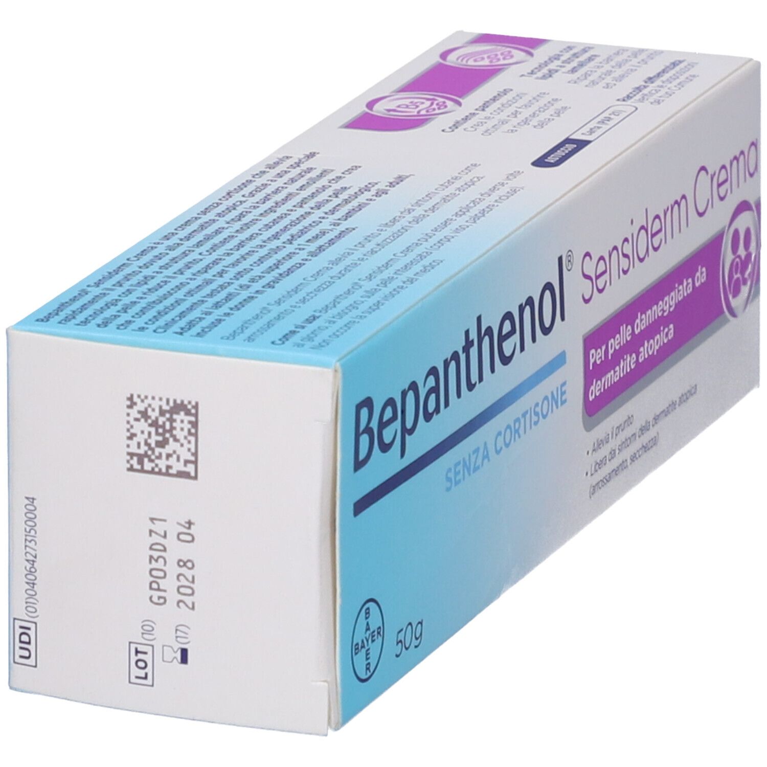 Bepanthenol Sensiderm Crema 50g scatola, retro con UDI e numero di lotto.