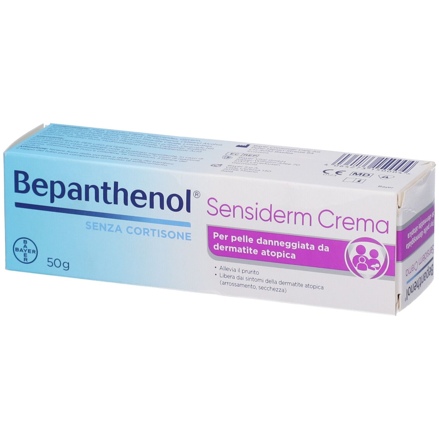 Bepanthenol Sensiderm Crema 50g scatola, senza cortisone, per pelle atopica.