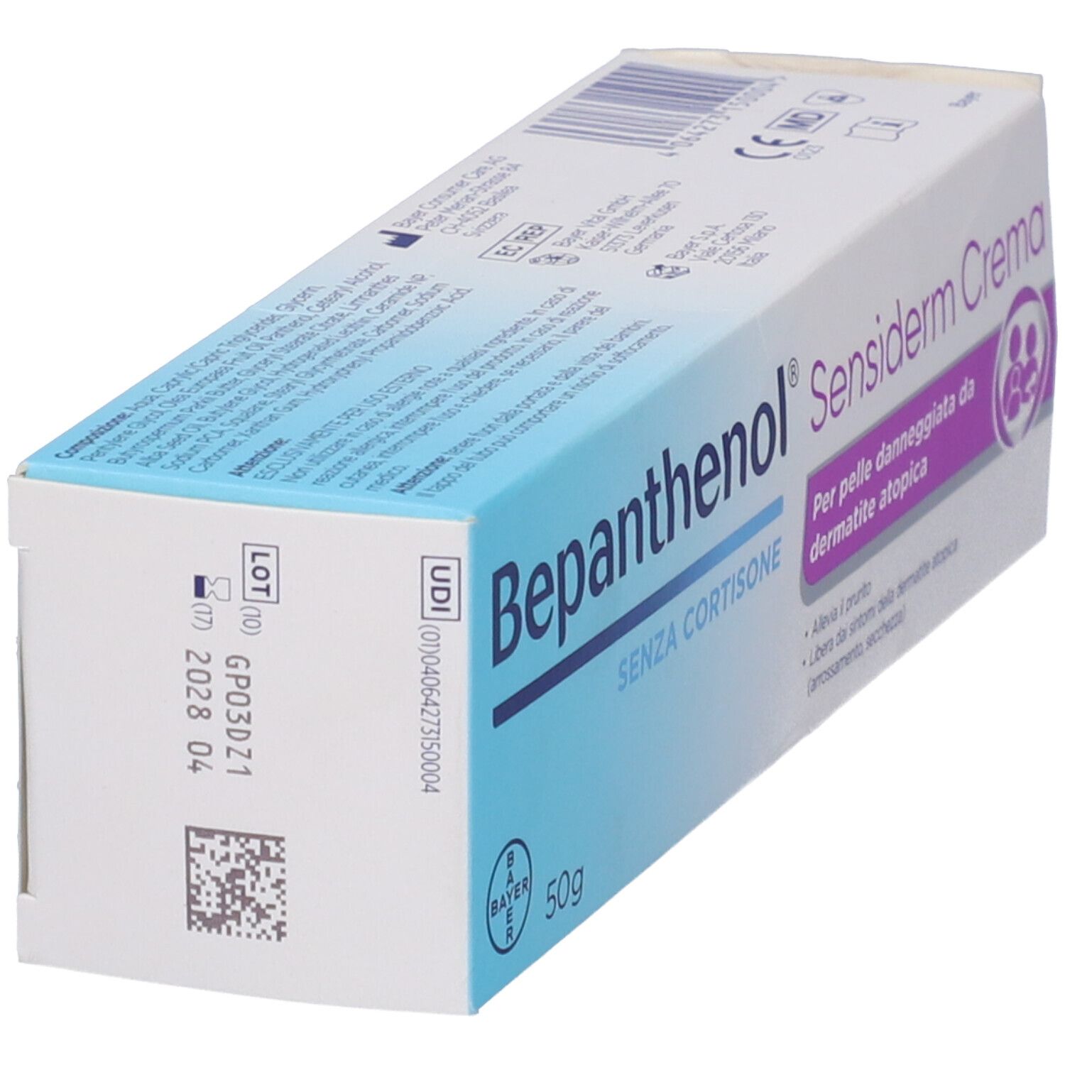 Bepanthenol Sensiderm Crema 50g scatola, retro con UDI e numero di lotto.