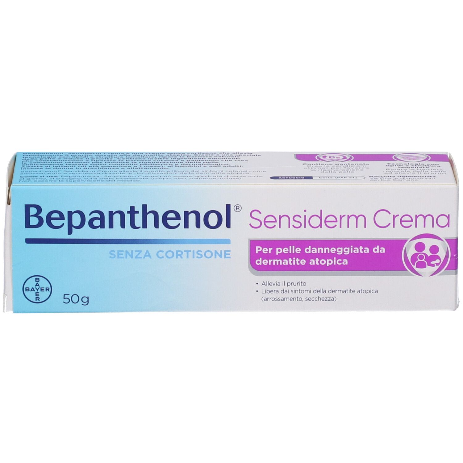 Bepanthenol Sensiderm Crema 50g scatola, senza cortisone, per pelle atopica.