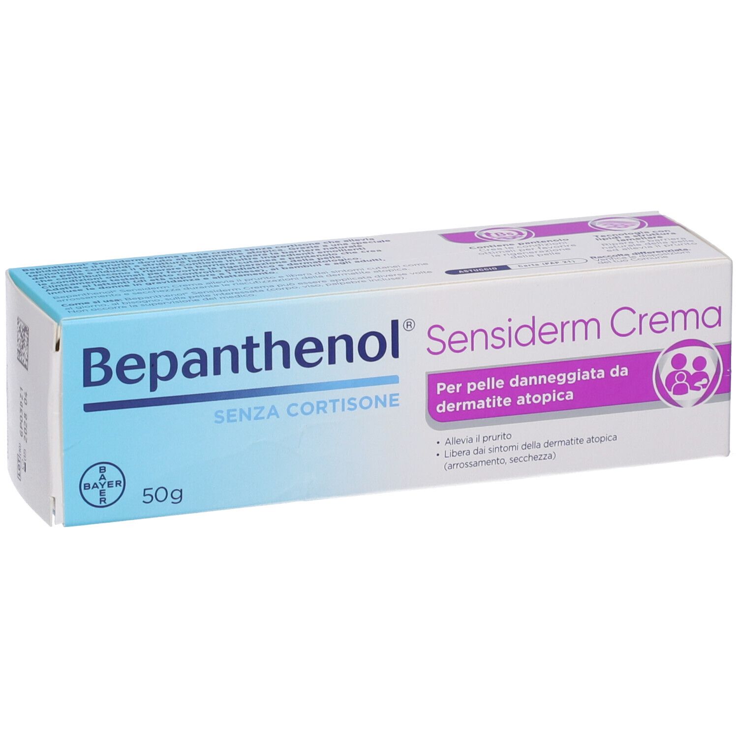 Bepanthenol Sensiderm Crema 50g scatola, senza cortisone, per pelle atopica.