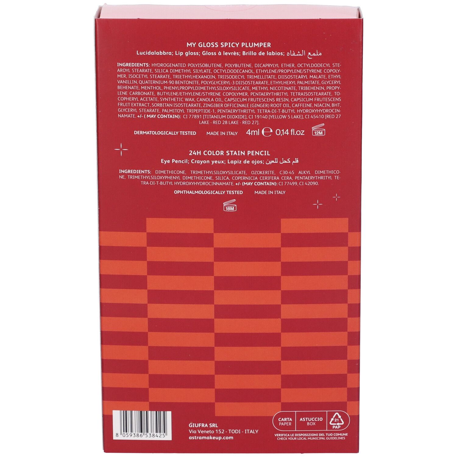 Retro confezione Astra Make-up. Contiene ingredienti e informazioni. Design rosso con testo.