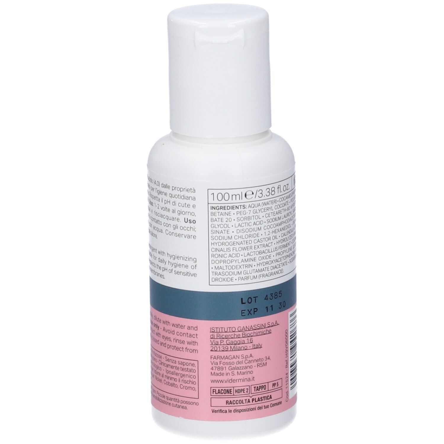 Flacone bianco con tappo bianco a scatto, 100ml. Contiene lista ingredienti e numero di lotto.