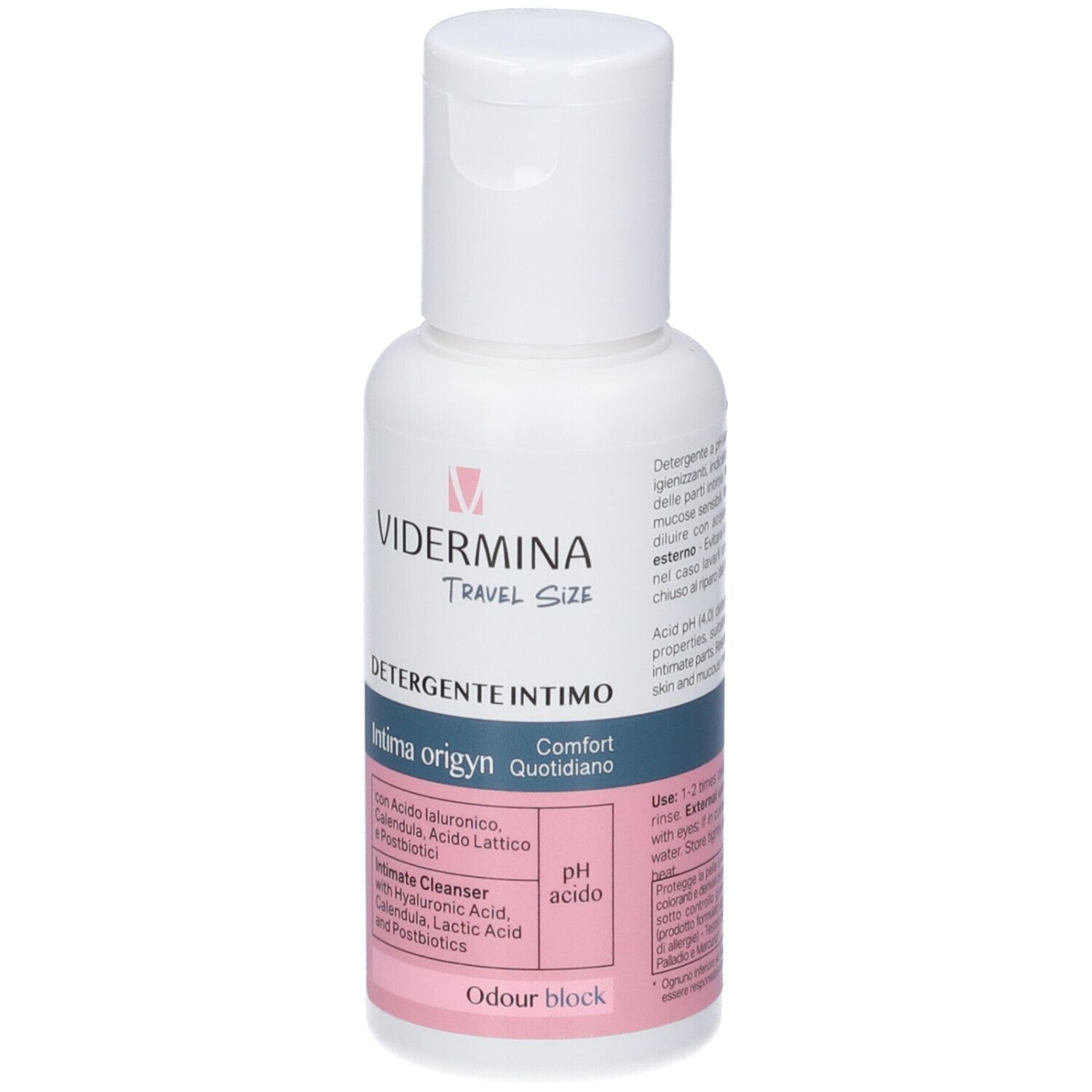 Flacone Vidermina Travel Size Intima Detergente Intimo con tappo a scatto. Contiene Acido Ialuronico, Calendula, Acido Lattico e Probiotici.