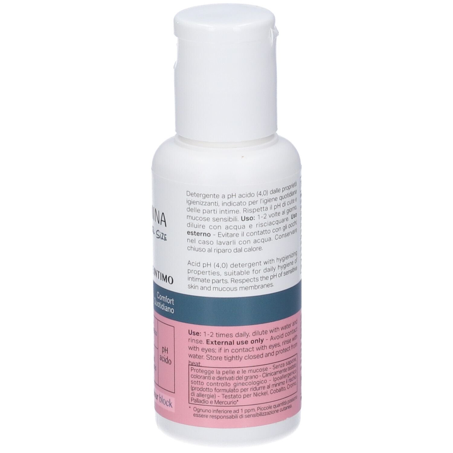 Flacone bianco con tappo a scatto, contiene detergente intimo a pH 4.0.