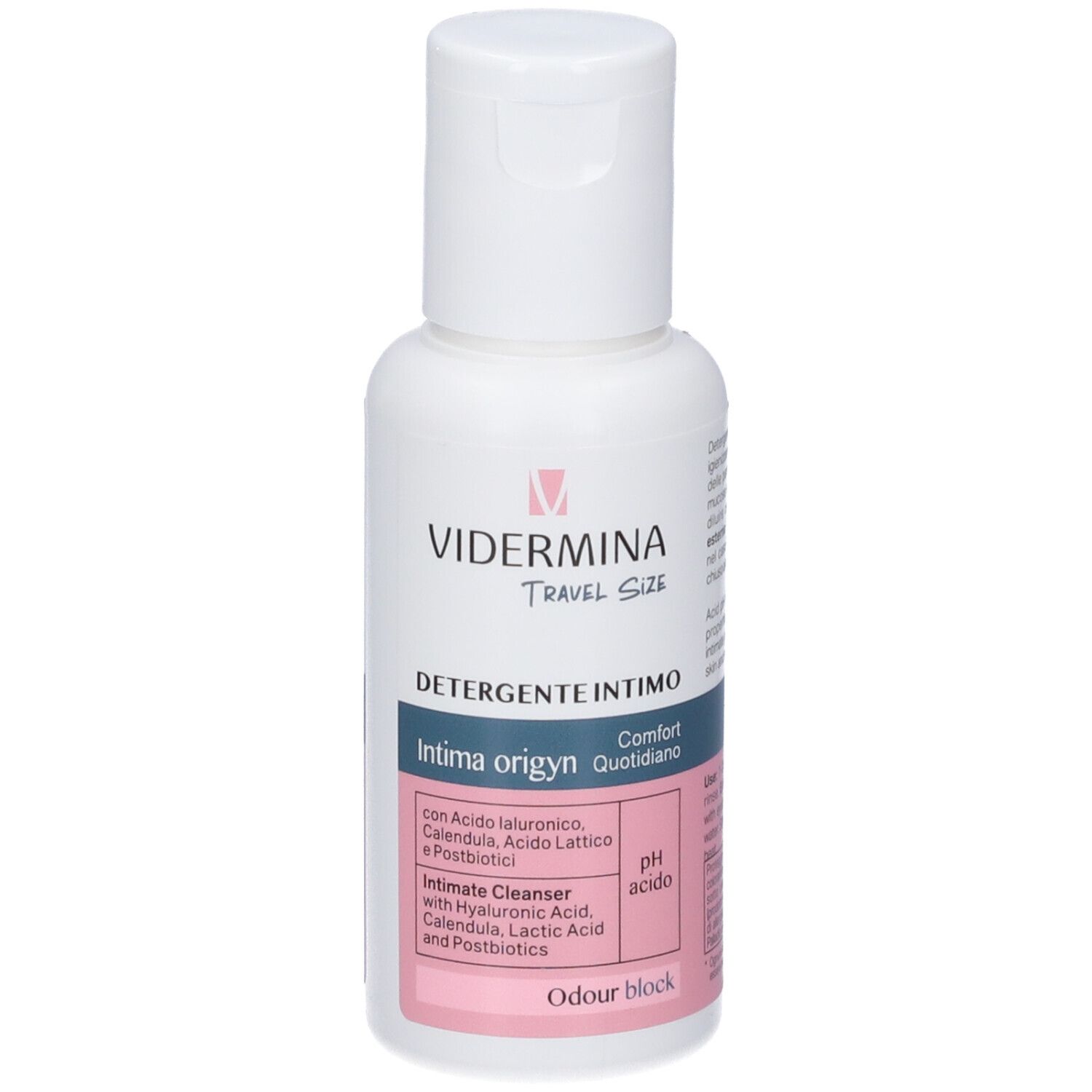 Piccola bottiglia bianca di detergente intimo VIDERMINA TRAVEL SIZE. Contiene acido ialuronico, calendula, acido lattico e postbiotici.