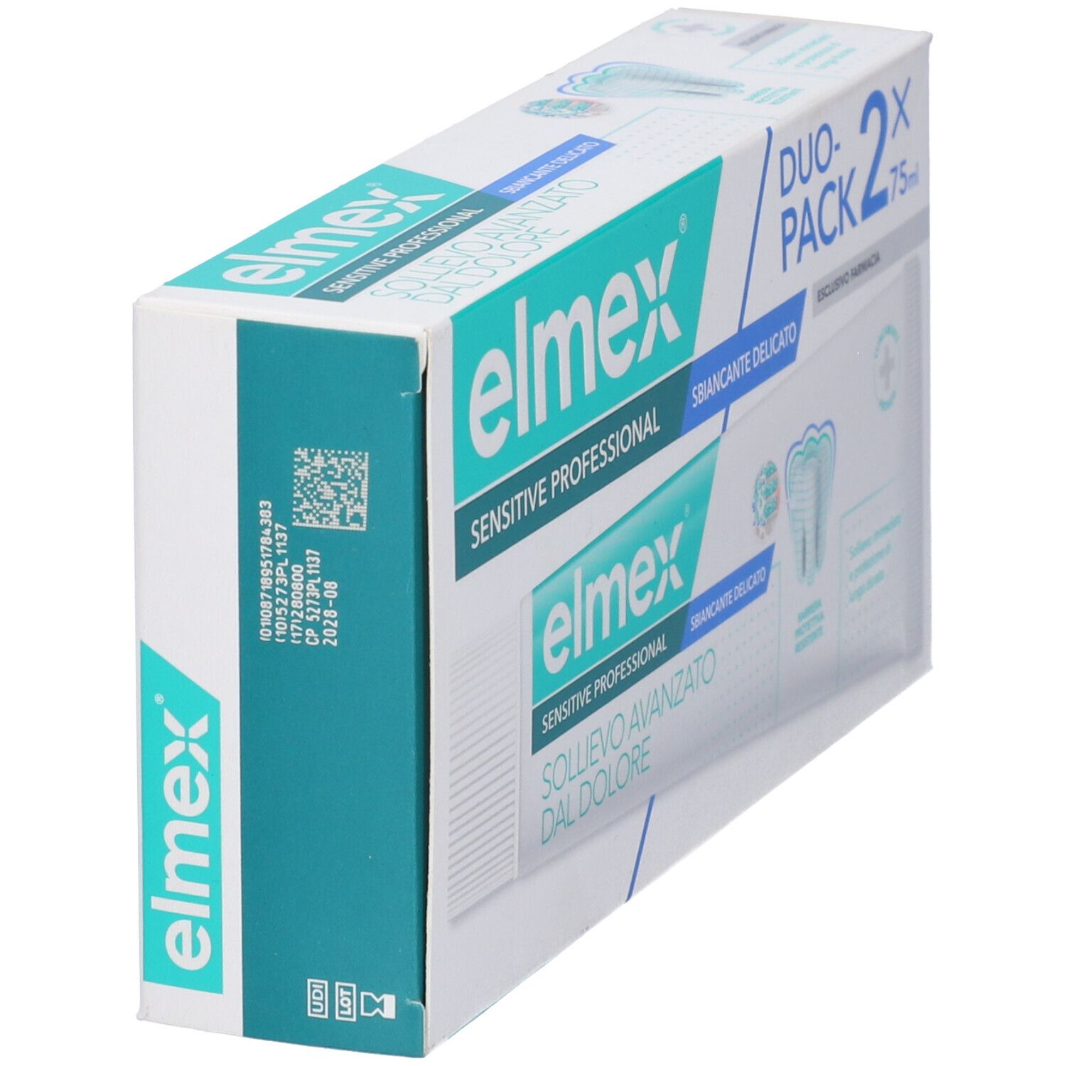 Confezione duo di dentifricio Elmex Sensitive Professional. Vista angolata dell'imballaggio. Testo e logo ben visibili.