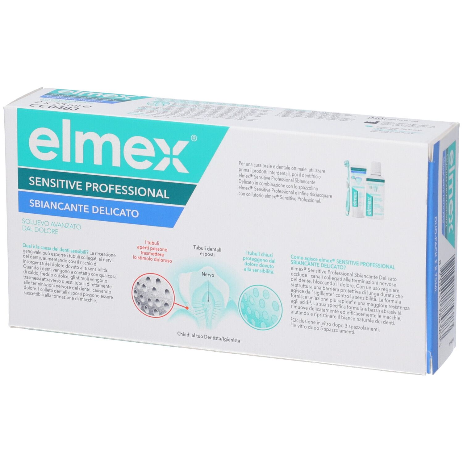 Retro della confezione duo Elmex Sensitive Professional. Testo e illustrazioni. Informazioni e diagrammi del prodotto.