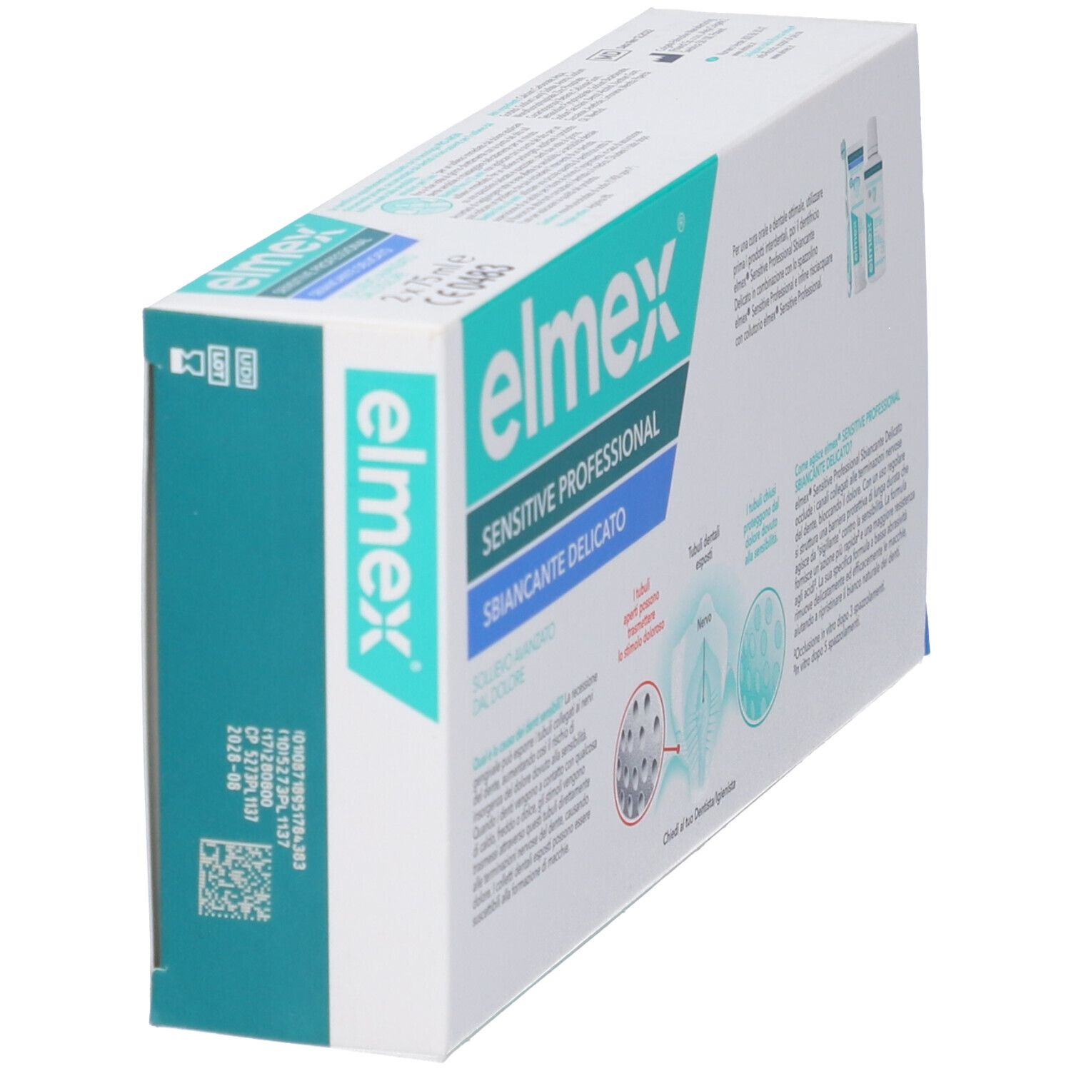 Vista angolata della confezione duo Elmex Sensitive Professional. Testo e logo. Informazioni sul prodotto sull'imballaggio.