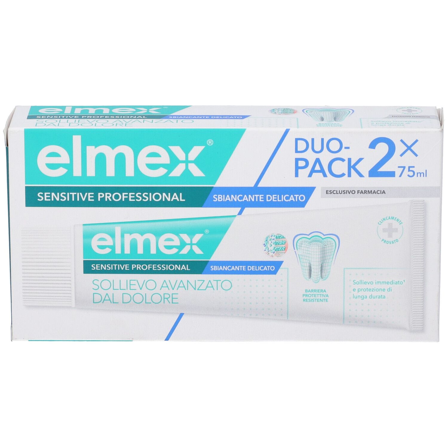 Confezione duo di dentifricio Elmex Sensitive Professional Sbiancante Delicato. Due tubi da 75ml. Imballaggio con immagine del prodotto.