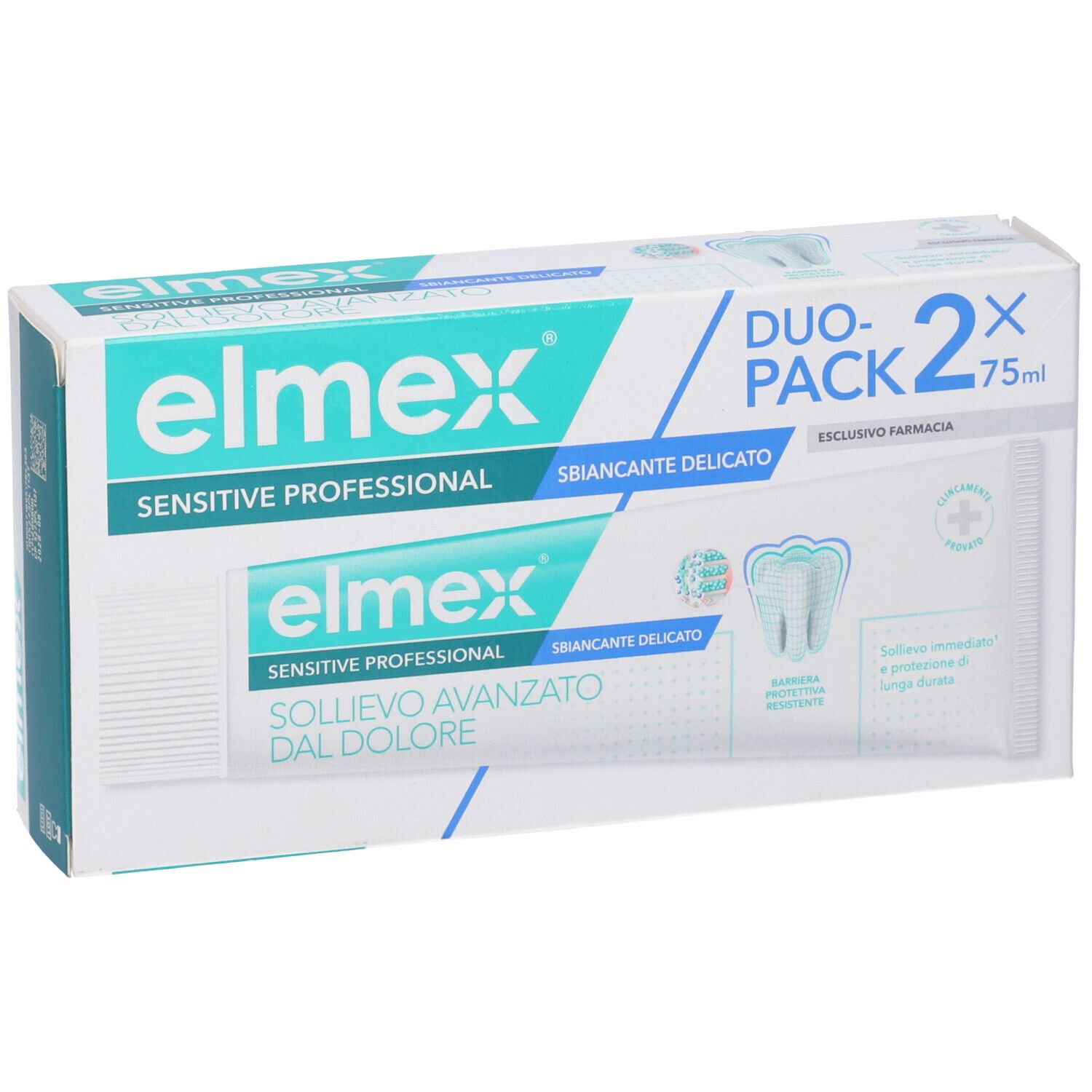 Confezione duo di dentifricio Elmex Sensitive Professional Sbiancante Delicato. Due tubi da 75ml. Imballaggio con immagine del prodotto.