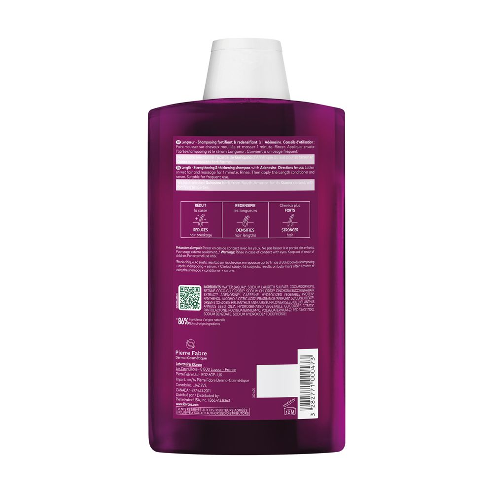 Retro di un flacone Klorane Shampoo con ingredienti e istruzioni.