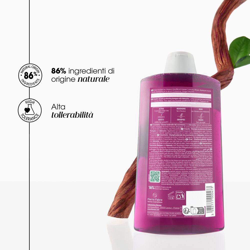 Flacone Klorane Shampoo con indicazione 86% ingredienti di origine naturale.