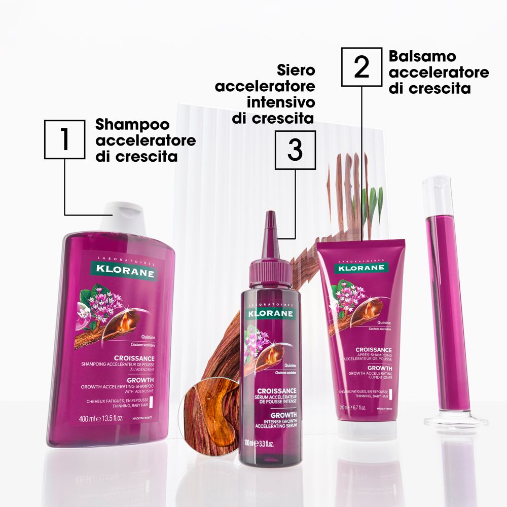Shampoo, siero e balsamo Klorane per la crescita dei capelli.