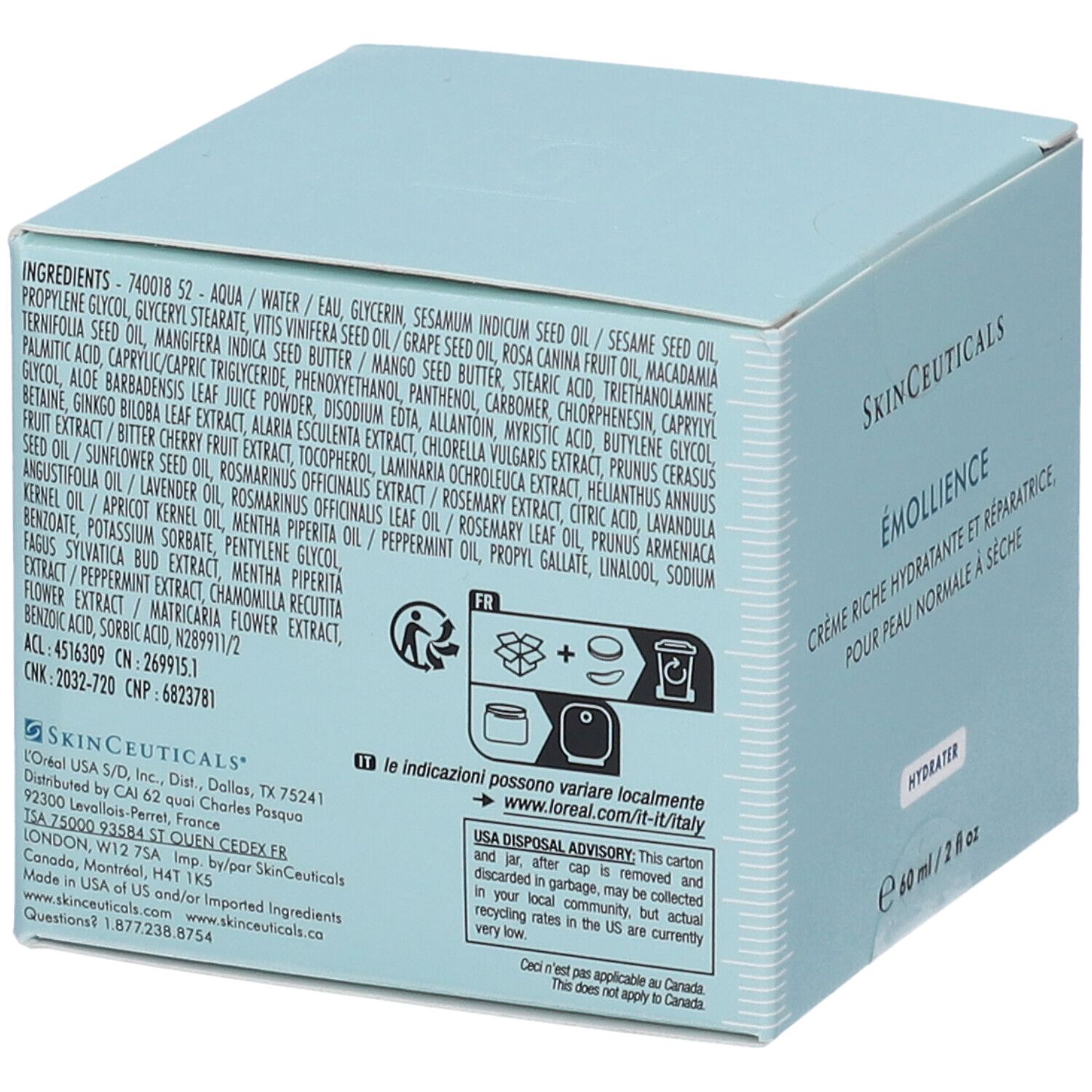 Retro della scatola azzurra SKINCEUTICALS. Elenco ingredienti, simboli riciclo e contatti. ÉMOLLIENCE, Crème riche hydratante et réparatrice.