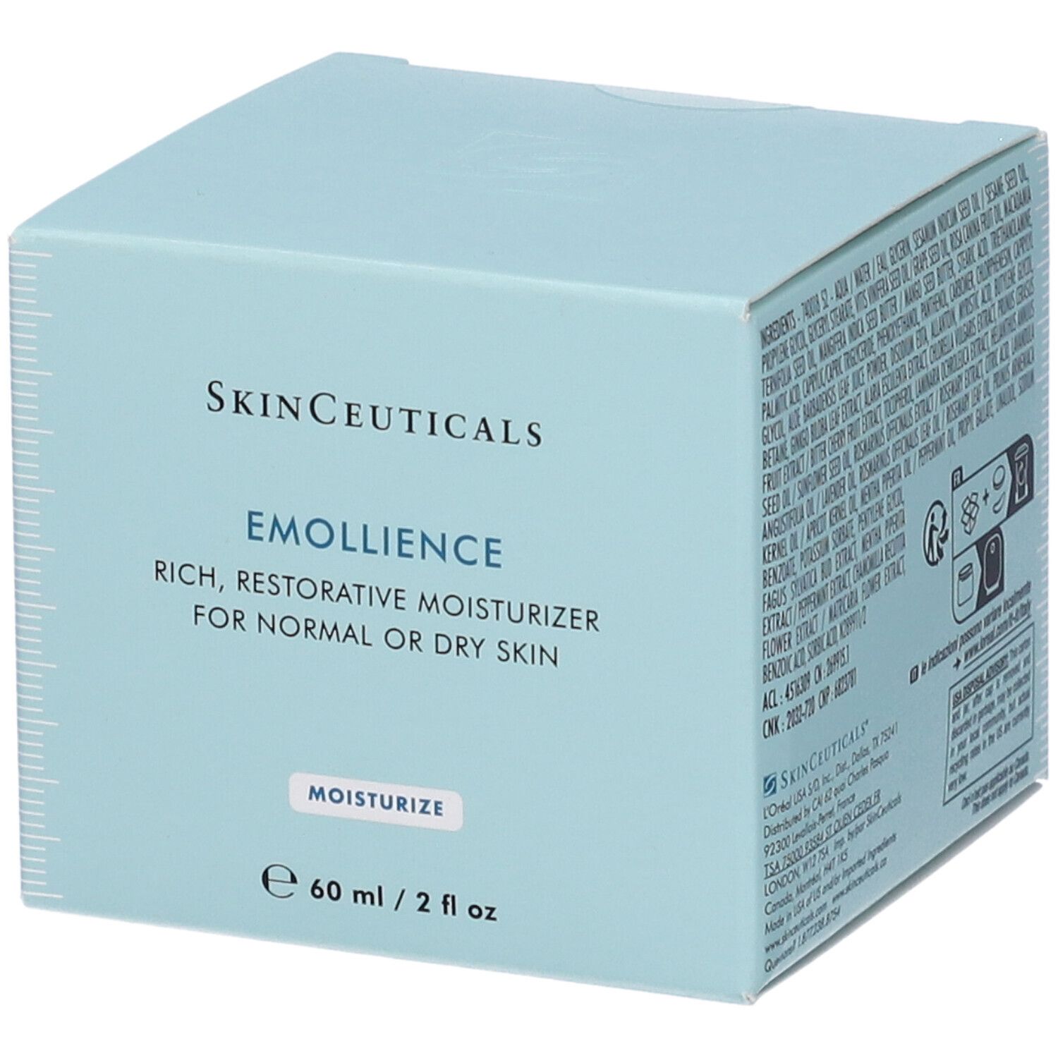 Scatola azzurra SKINCEUTICALS ÉMOLLIENCE. Rich, restorative moisturizer for normal or dry skin. Moisturize. 60 ml / 2 fl oz.