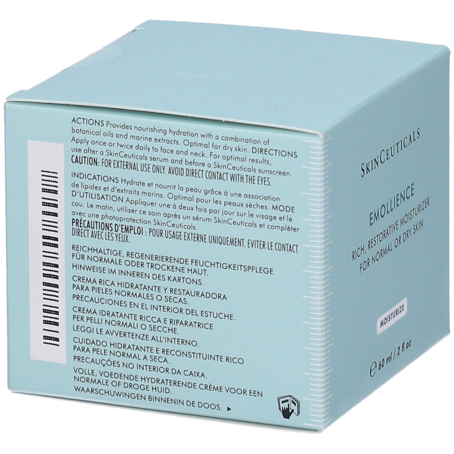 Retro della scatola azzurra SKINCEUTICALS. Testo: Ottimale per pelli secche. Indicazioni per l'uso. ÉMOLLIENCE, Rich, restorative moisturizer for normal or dry skin.