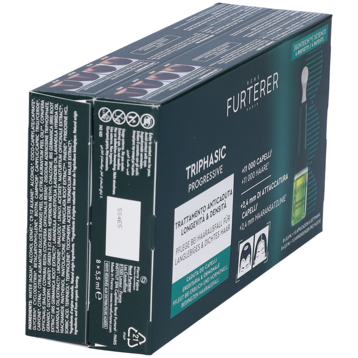 Confezione verde scuro, retro con testo e ingredienti. Nome del prodotto e fiala visibili.