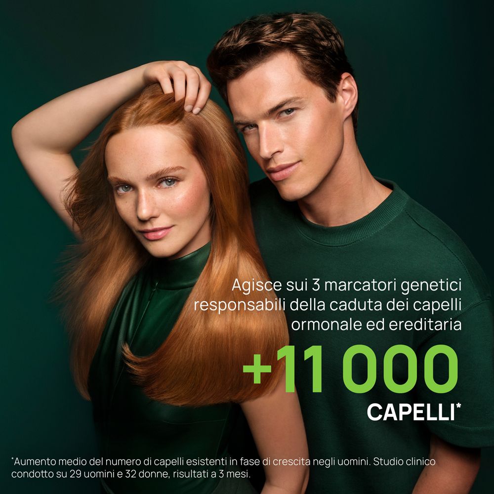 Uomo e donna con capelli folti su sfondo scuro. Testo pubblicizza la crescita dei capelli.