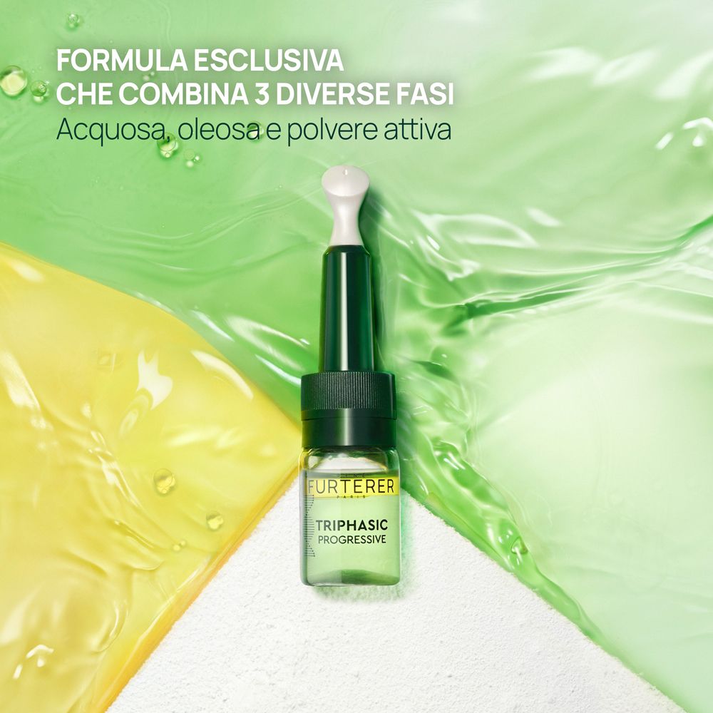 Piccola fiala in vetro con applicatore verde, etichettata 'FURTERER TRIPHASIC PROGRESSIVE'.