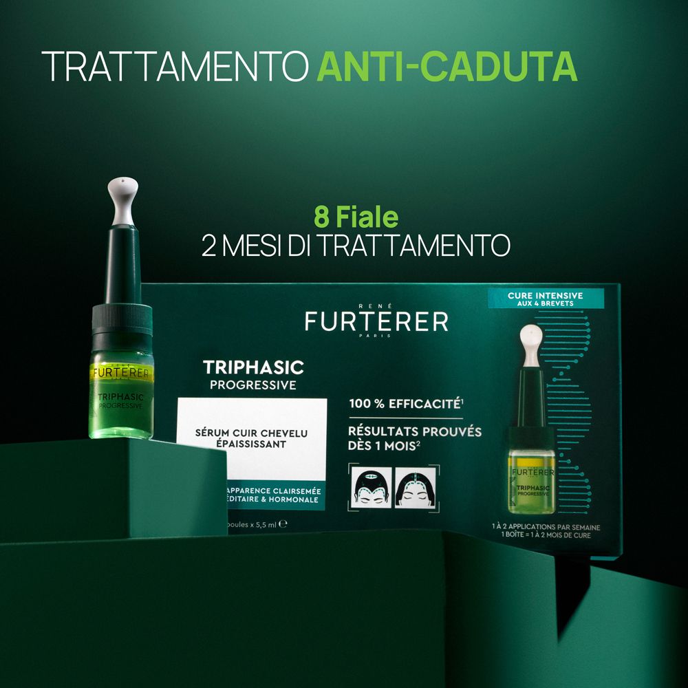 Confezione Rene Furterer Triphasic Progressive Siero Capelli, 8 fiale per 2 mesi di trattamento.
