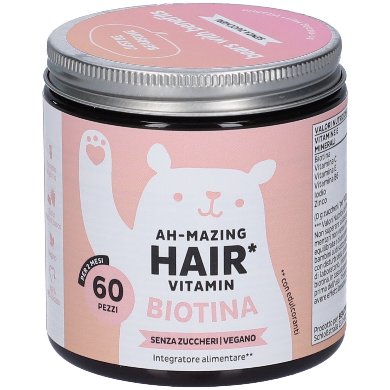 Bears With Benefits Ah-Mazing Hair Vitamin Biotina: Barattolo da 60 pezzi, vegano, senza zuccheri. Per 2 mesi.