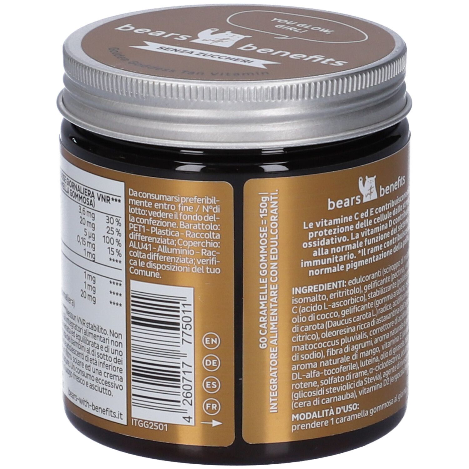 Retro di un barattolo da 60 caramelle gommose, valori nutrizionali e ingredienti.