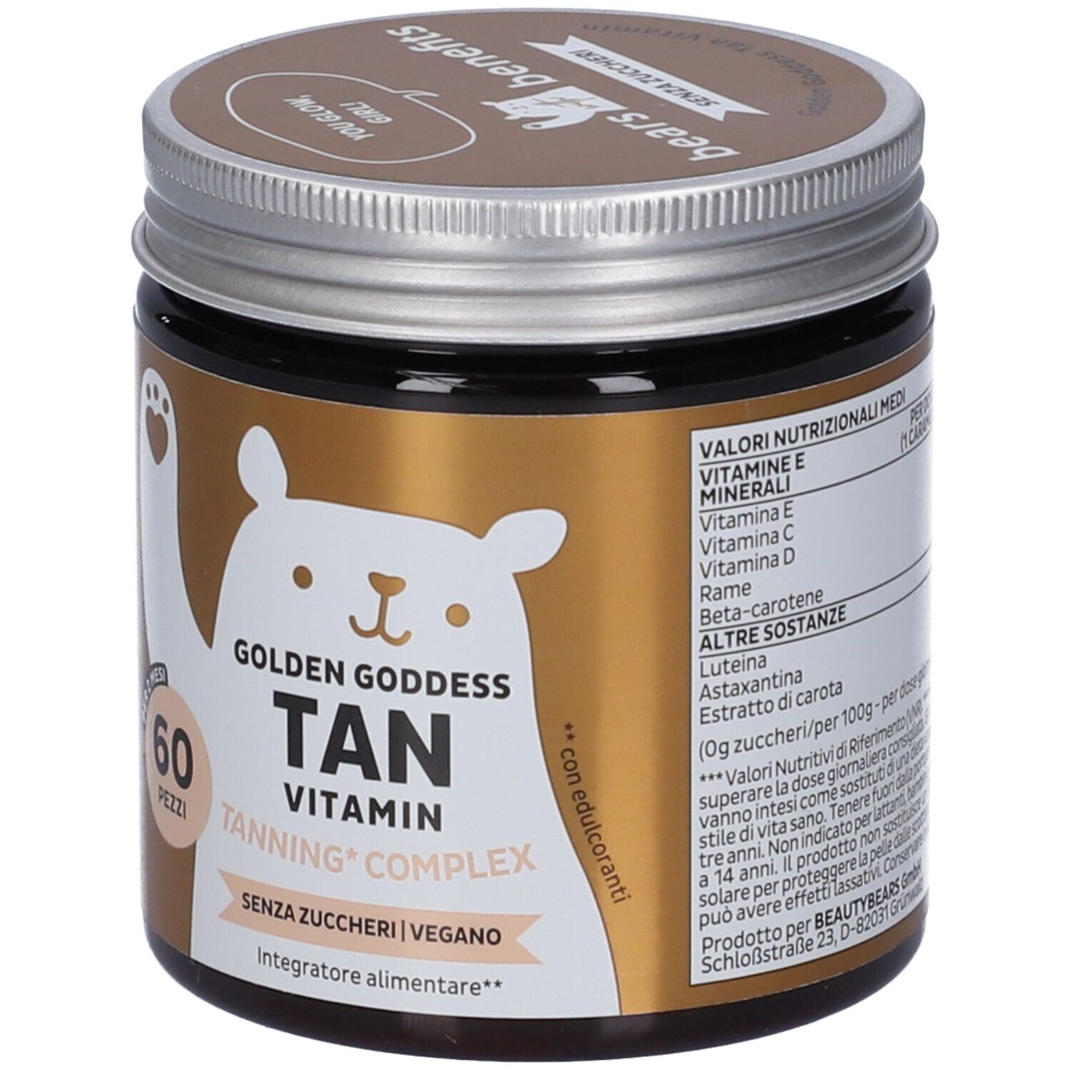 Barattolo da 60 caramelle gommose, scritta 'Golden Goddess Tan Vitamin Tanning Complex', vegan.