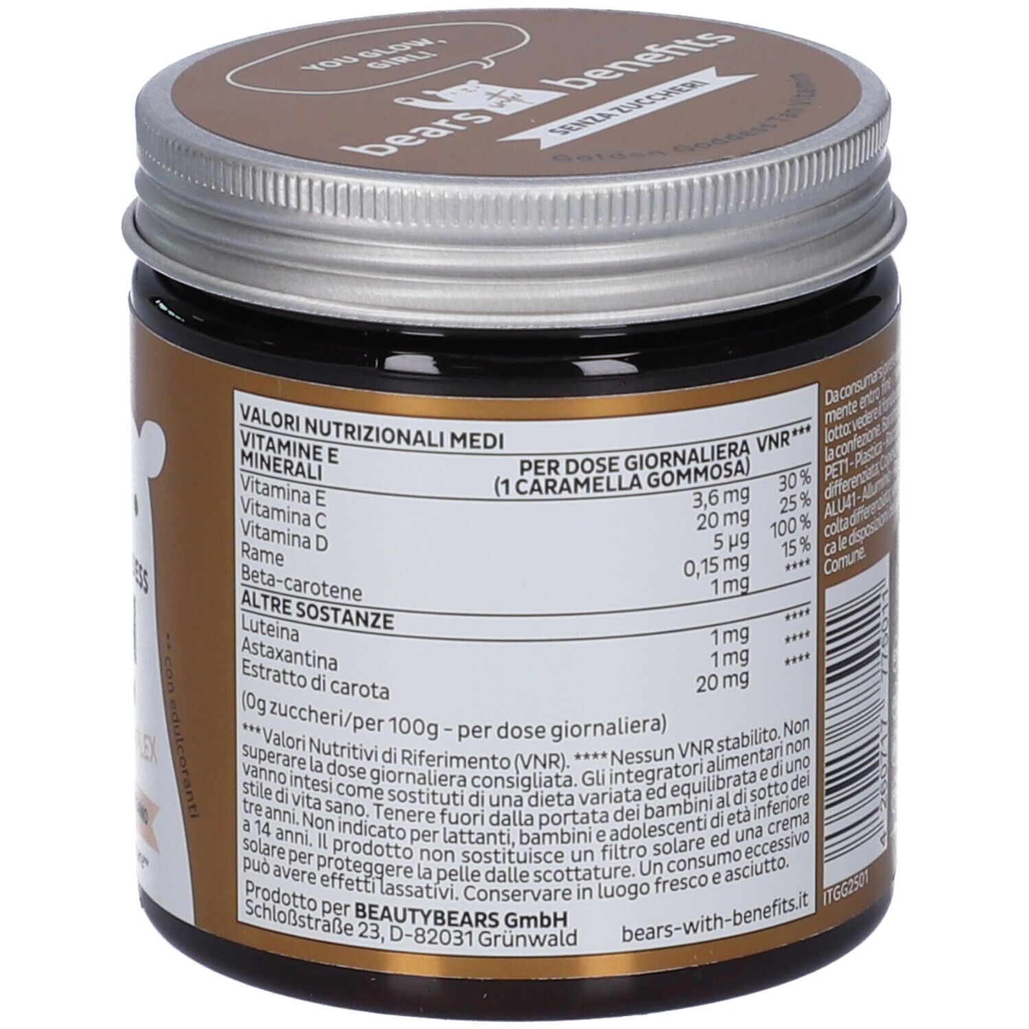 Primo piano della tabella nutrizionale sul barattolo "Golden Goddess Tan Vitamin".