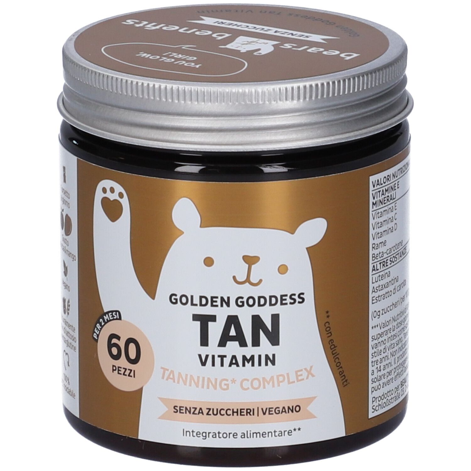 Barattolo da 60 caramelle gommose, scritta 'Golden Goddess Tan Vitamin Tanning Complex', vegan.