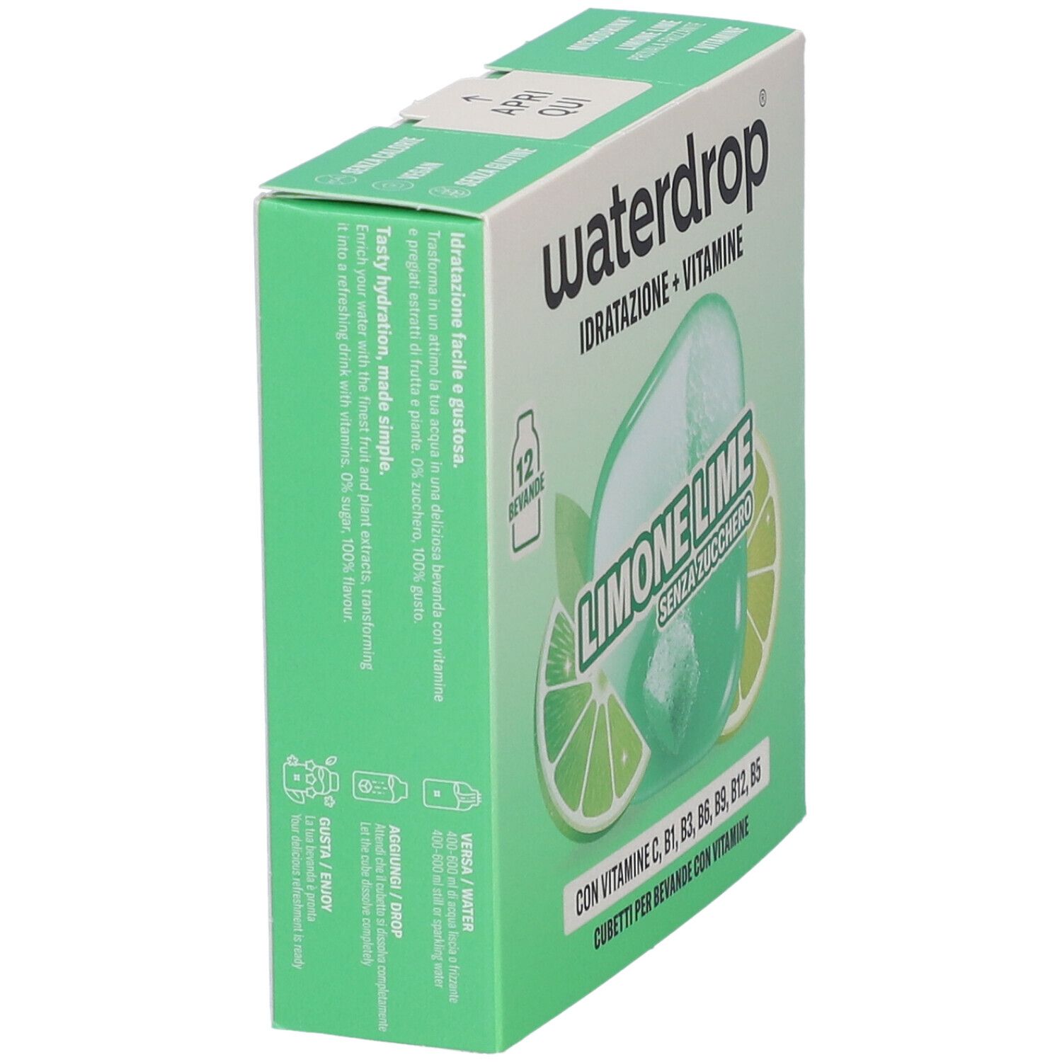 Confezione Waterdrop Microdrink Limone Lime, vista frontale e laterale.