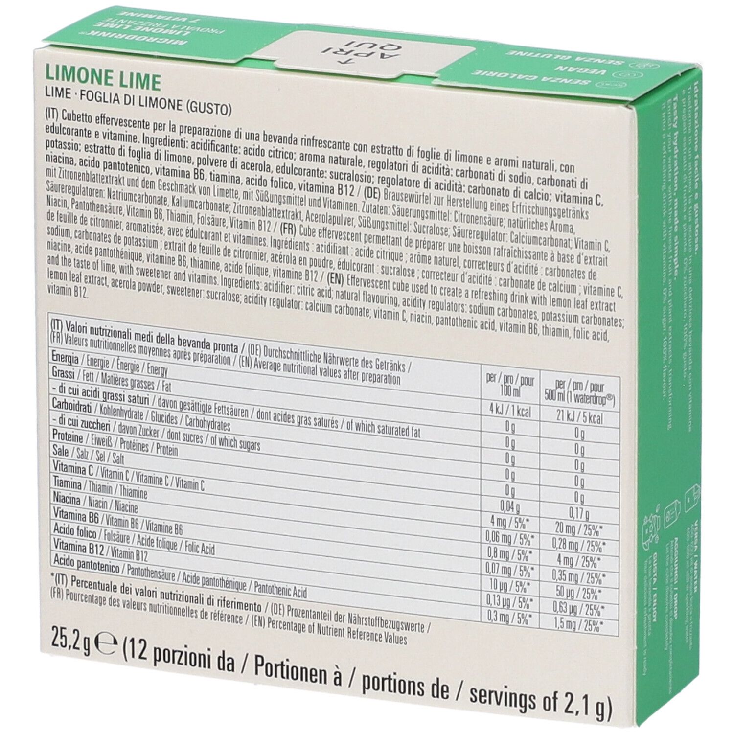 Retro della confezione Waterdrop Microdrink Limone Lime con informazioni nutrizionali.