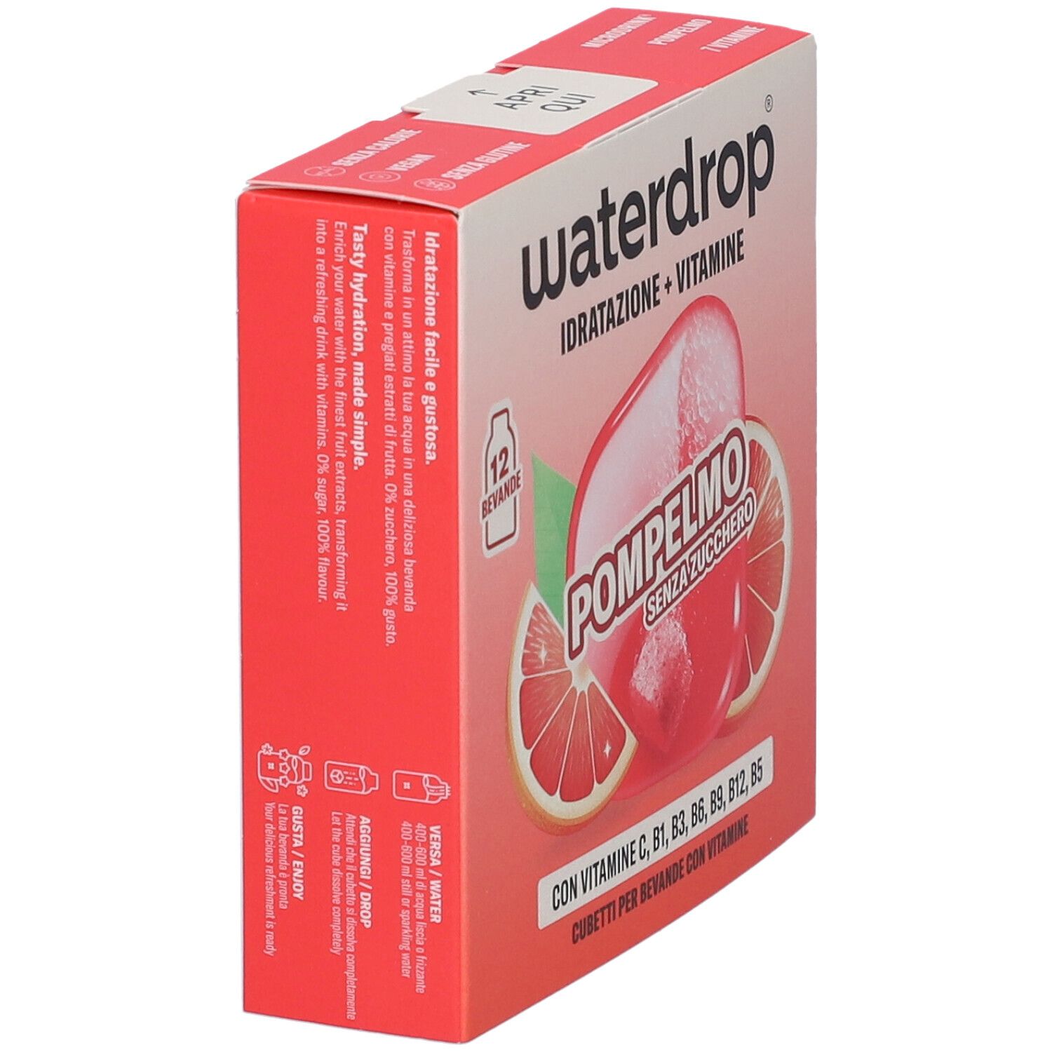 Confezione cubetti bevanda Waterdrop Pompelmo, lato con istruzioni.