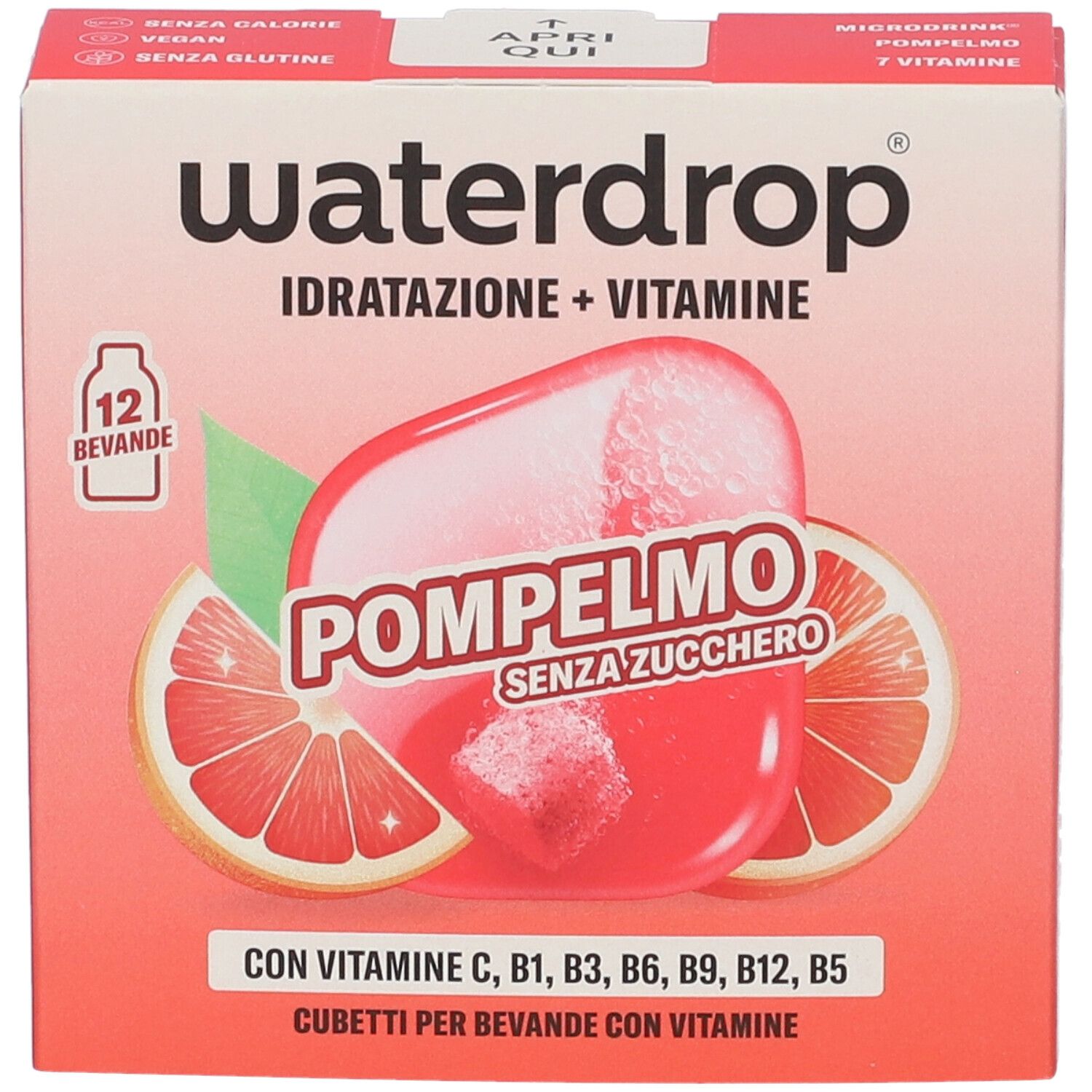 Confezione da 12 cubetti per bevande Waterdrop Pompelmo, senza zucchero.