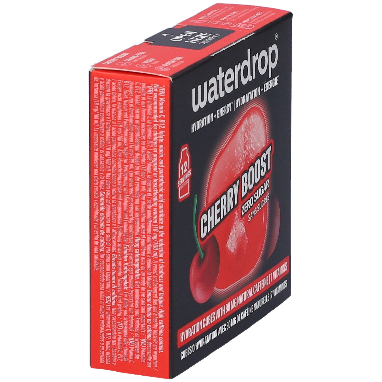 Vista laterale della confezione waterdrop® Microenergy Cherry Boost con informazioni nutrizionali.