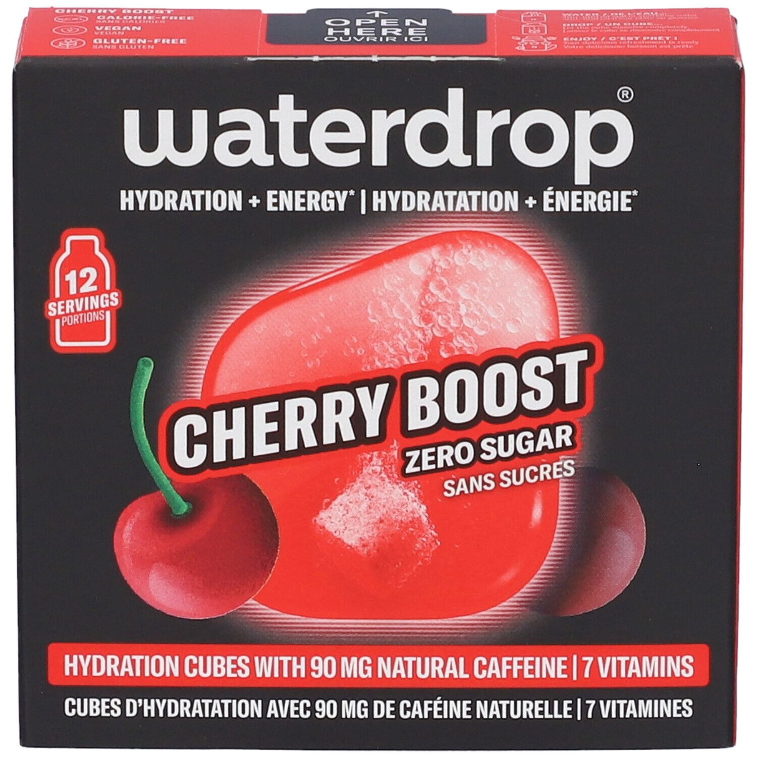 Confezione di waterdrop® Microenergy Cherry Boost con 12 porzioni e ciliegie.