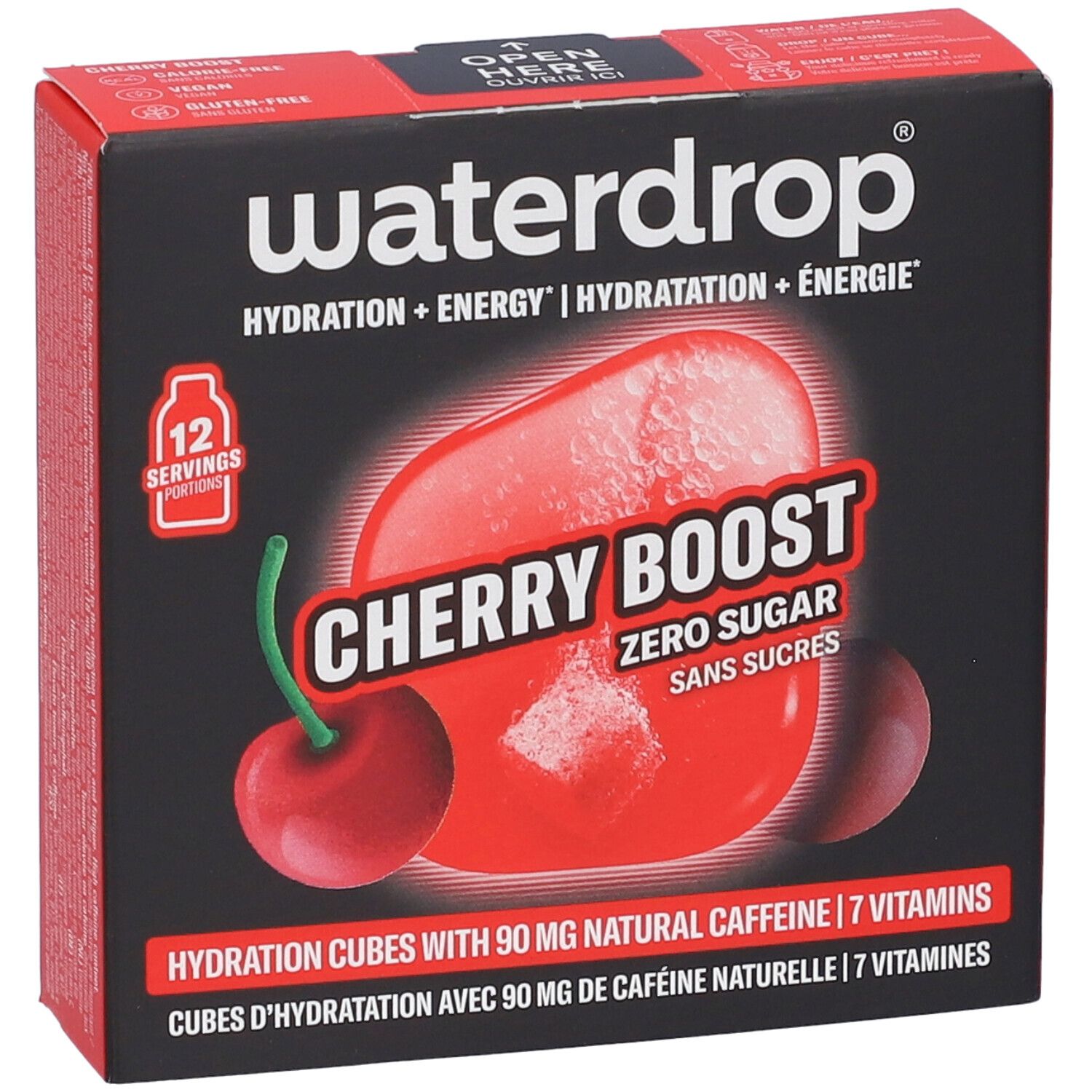 Confezione di waterdrop® Microenergy Cherry Boost con ciliegie e schizzi.