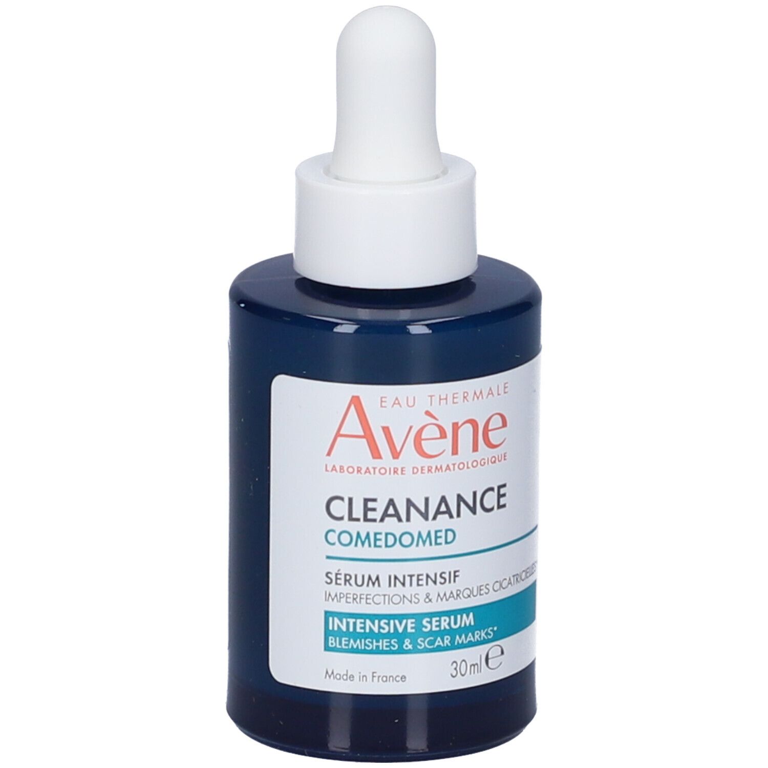 Flacone blu scuro con applicatore bianco. Avene Cleanance Comedomed Siero. Testo: Siero intensivo, 30ml.
