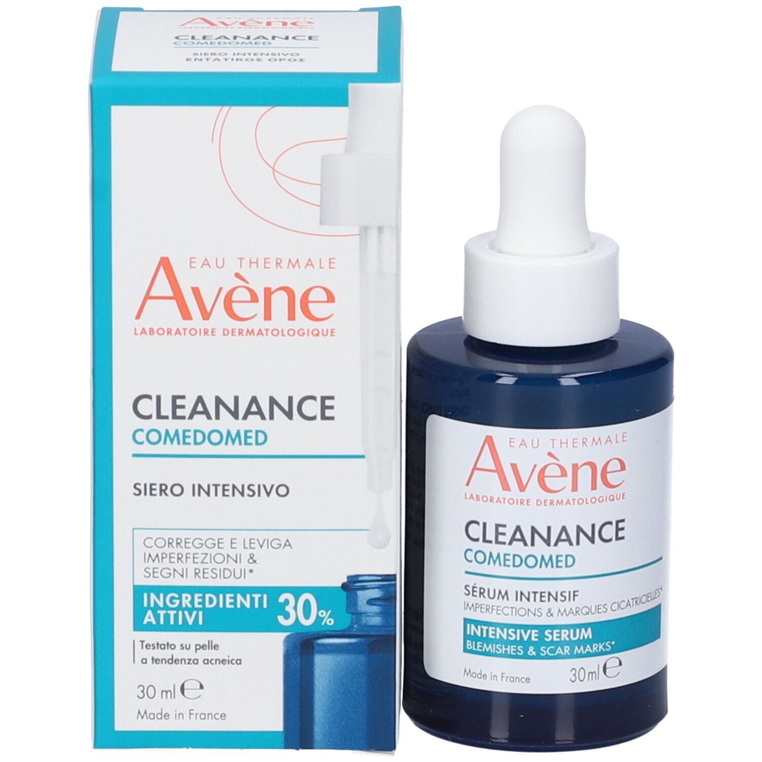 Confezione e flacone. Avene Cleanance Comedomed Siero Intensivo. Testo: 30ml, 30% ingredienti attivi.