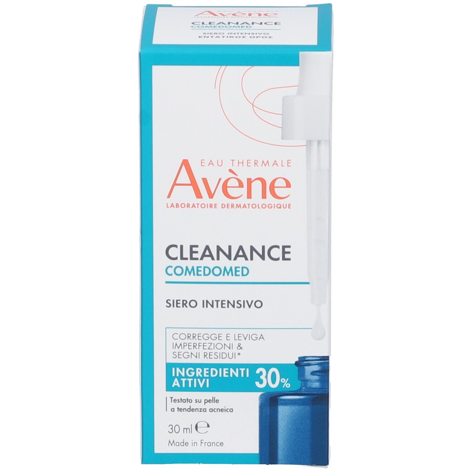 Confezione del prodotto. Avene Cleanance Comedomed Siero Intensivo. Testo: 30ml, 30% ingredienti attivi.