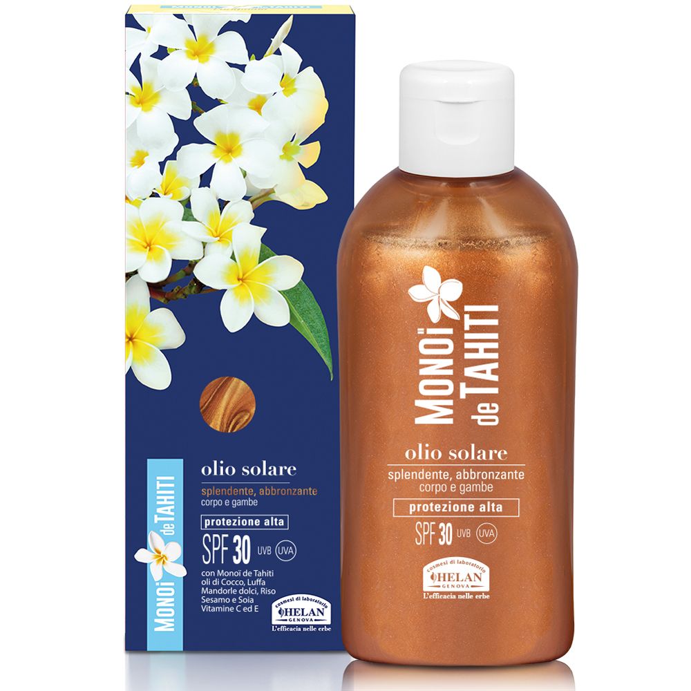 Prodotto e confezione. Bottiglia marrone e scatola blu. Testo: Monoi de Tahiti, Olio Solare, SPF 30+.