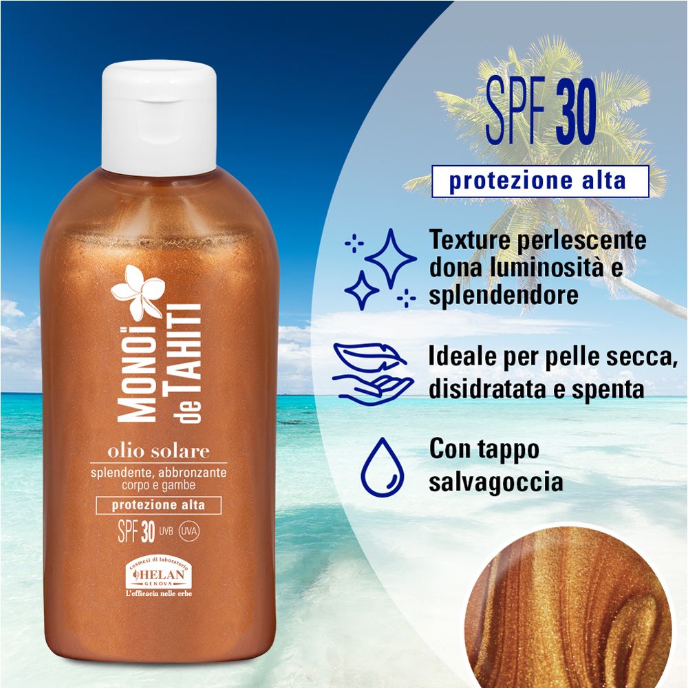 Bottiglia marrone con tappo bianco. Testo: Monoi de Tahiti, Olio Solare, SPF 30+. Elementi di testo e grafici.