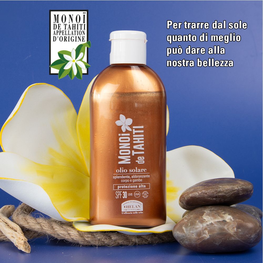 Prodotto con decorazione. Bottiglia marrone con tappo bianco. Testo: Monoi de Tahiti, Olio Solare, SPF 30+.