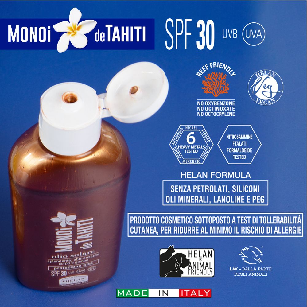 Prodotto con tappo aperto. Testo: Monoi de Tahiti, Olio Solare, SPF 30+. Informazioni aggiuntive.